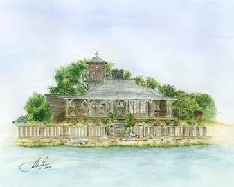 Photo of a watercolor painting by Linda Hynes of the Smith Taylor Cabin on Taylor's Island