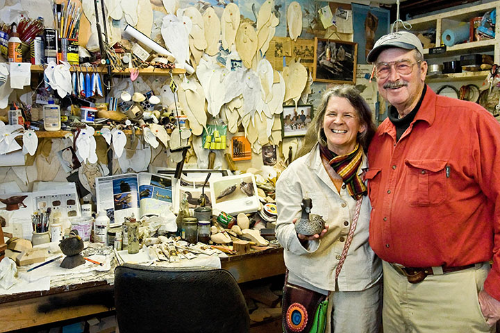 Captain Ed Clark, Jr. presents carved hen Bufflehead to P.A.T. Hunt for Taylor's Island